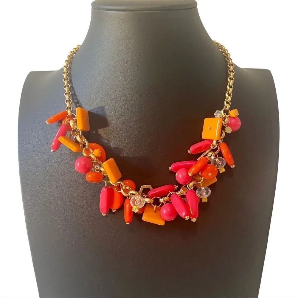 Vintage Orange, Coral & Hot Pink Glass beaded Statement Necklace.